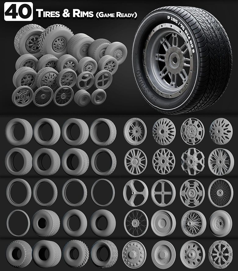 【次世代游戏模型】40款高质量车轮模型合集 含20款轮毂+20款轮胎